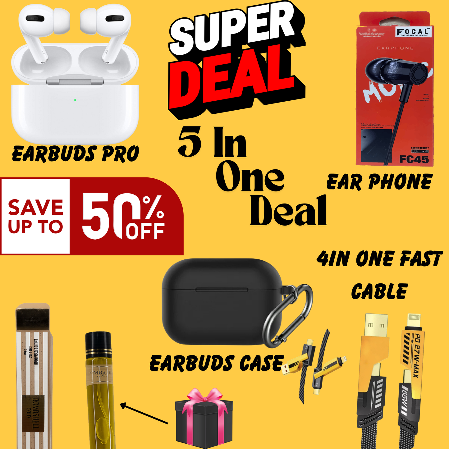 5 in 1 combo deal! 🎉 Air Pods Handset Perfume Cable & Silicon Case